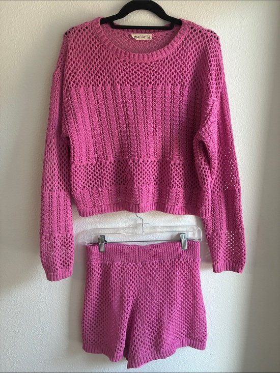 new in Sweaters - Open-Knit Crewneck Sweater and Matching Shorts Set - Hot Pink
